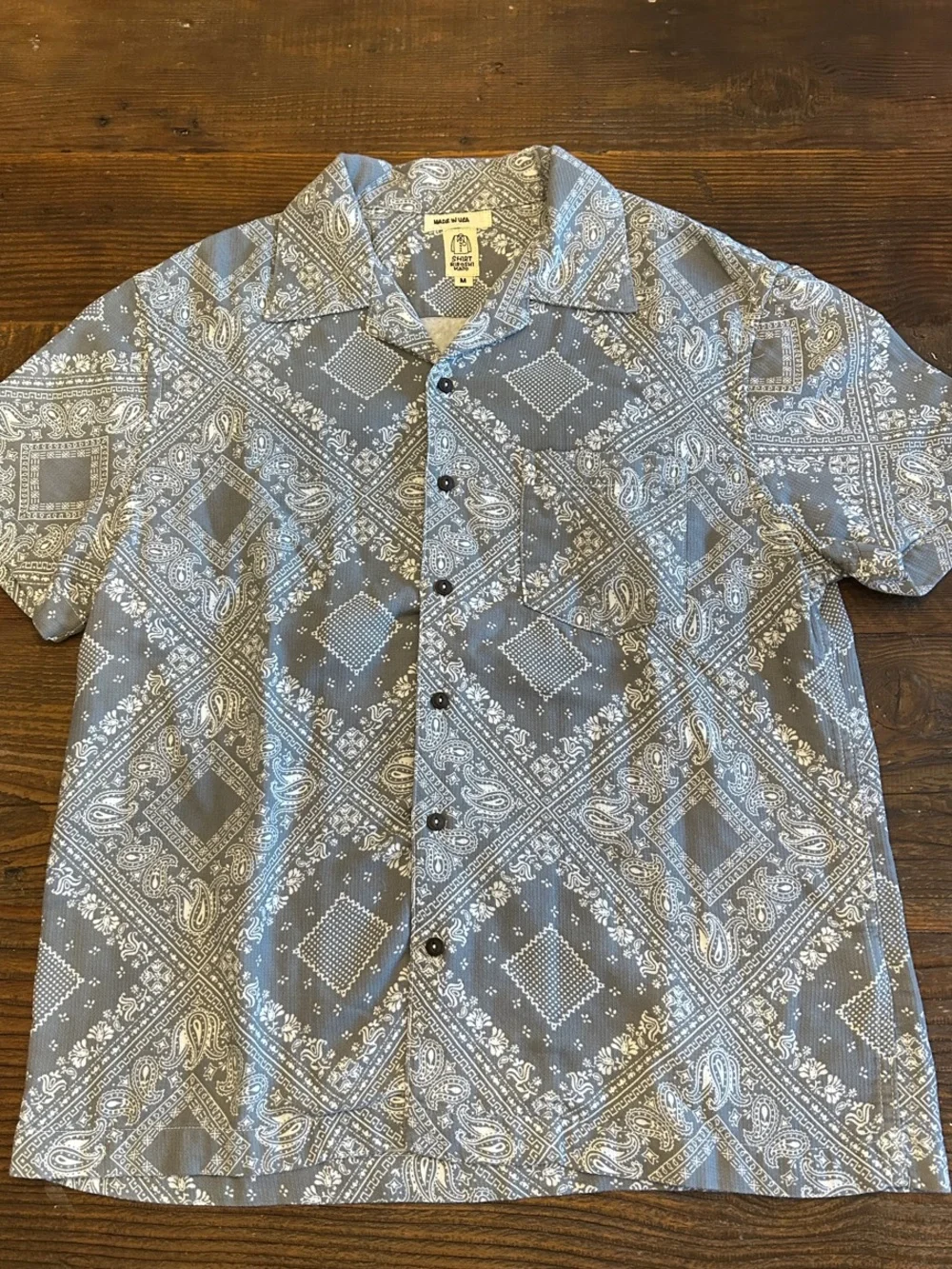 Hiroshi Kato The Wrench Waffle gray Bandana-printShort Sleeve Button-Down Shirt - Picture 1 of 10